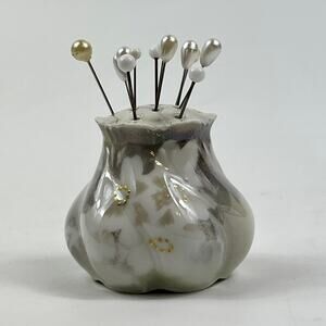 Vtg German Lustreware Porcelain Pin Cushion w/ Pearl Top Pins Vanity Collectible